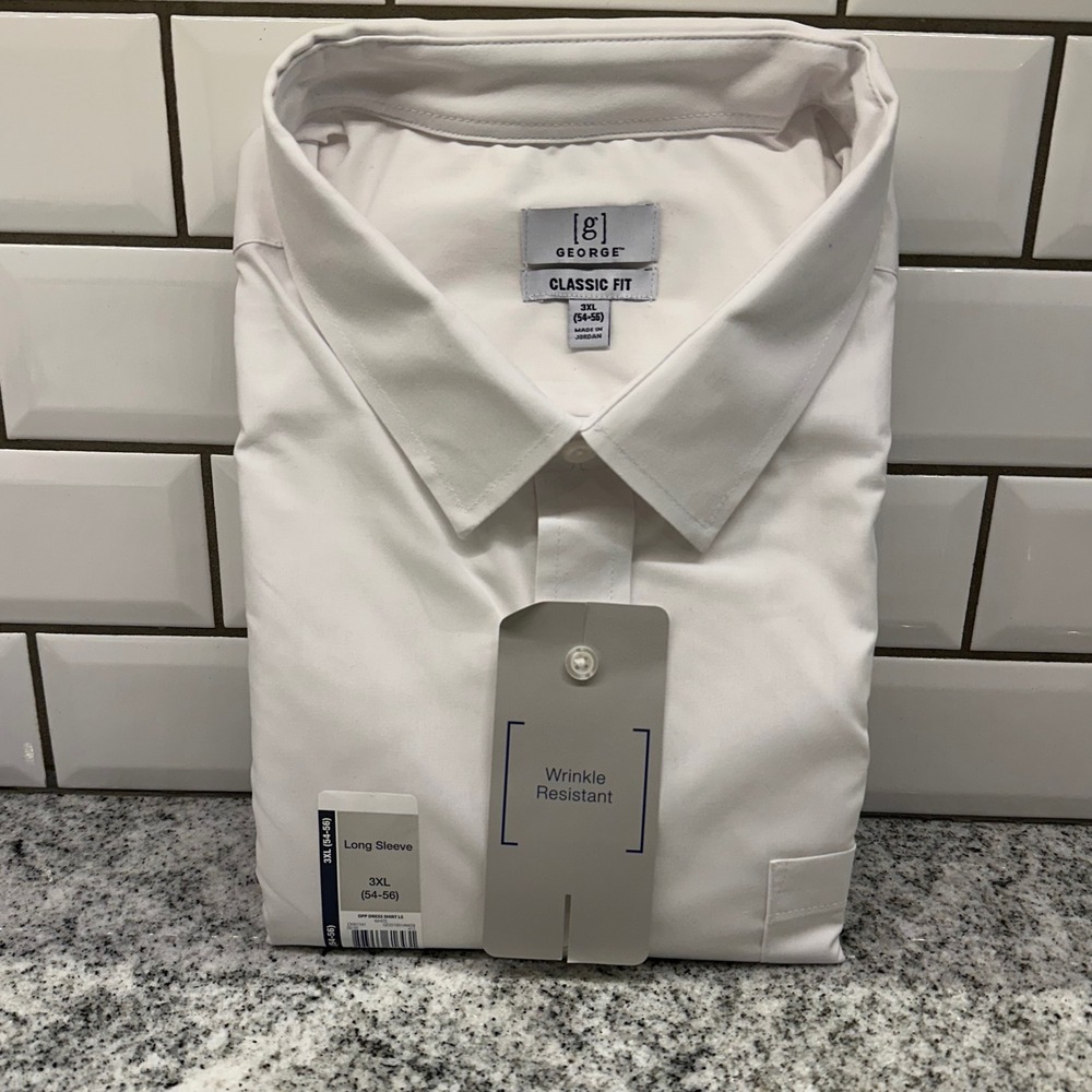George Mens 3XL Dress Shirt White Classic Fit Wrinkle Resistant Long‎ Sleeve New